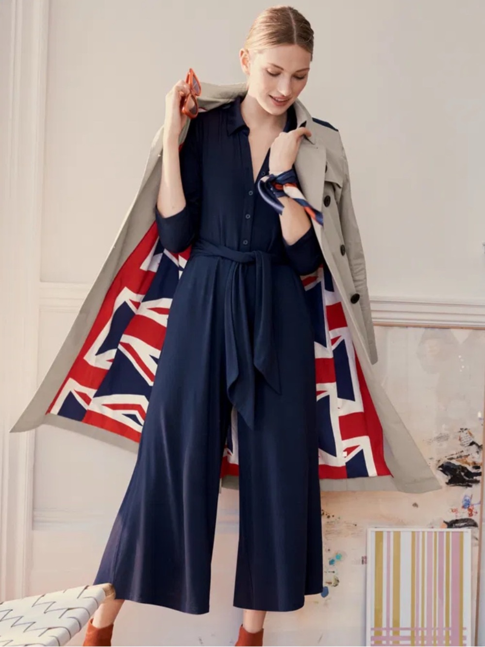 Boden Beatrice Navy Button-Front Tie-Waist Jumpsuit US Size 13